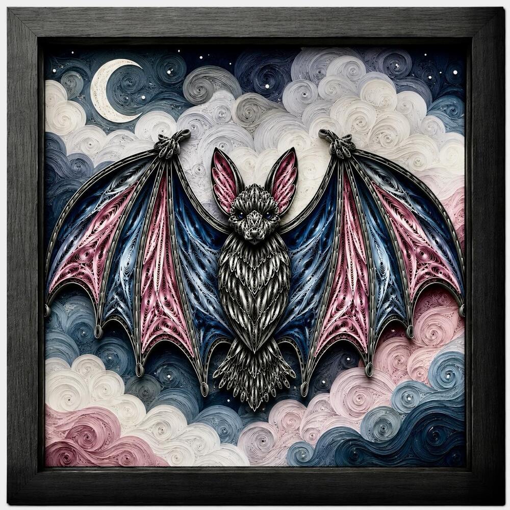 8x8 Black Framed Quilled Bat Wall Art Print – Gothic Moon & Night Sky Decor